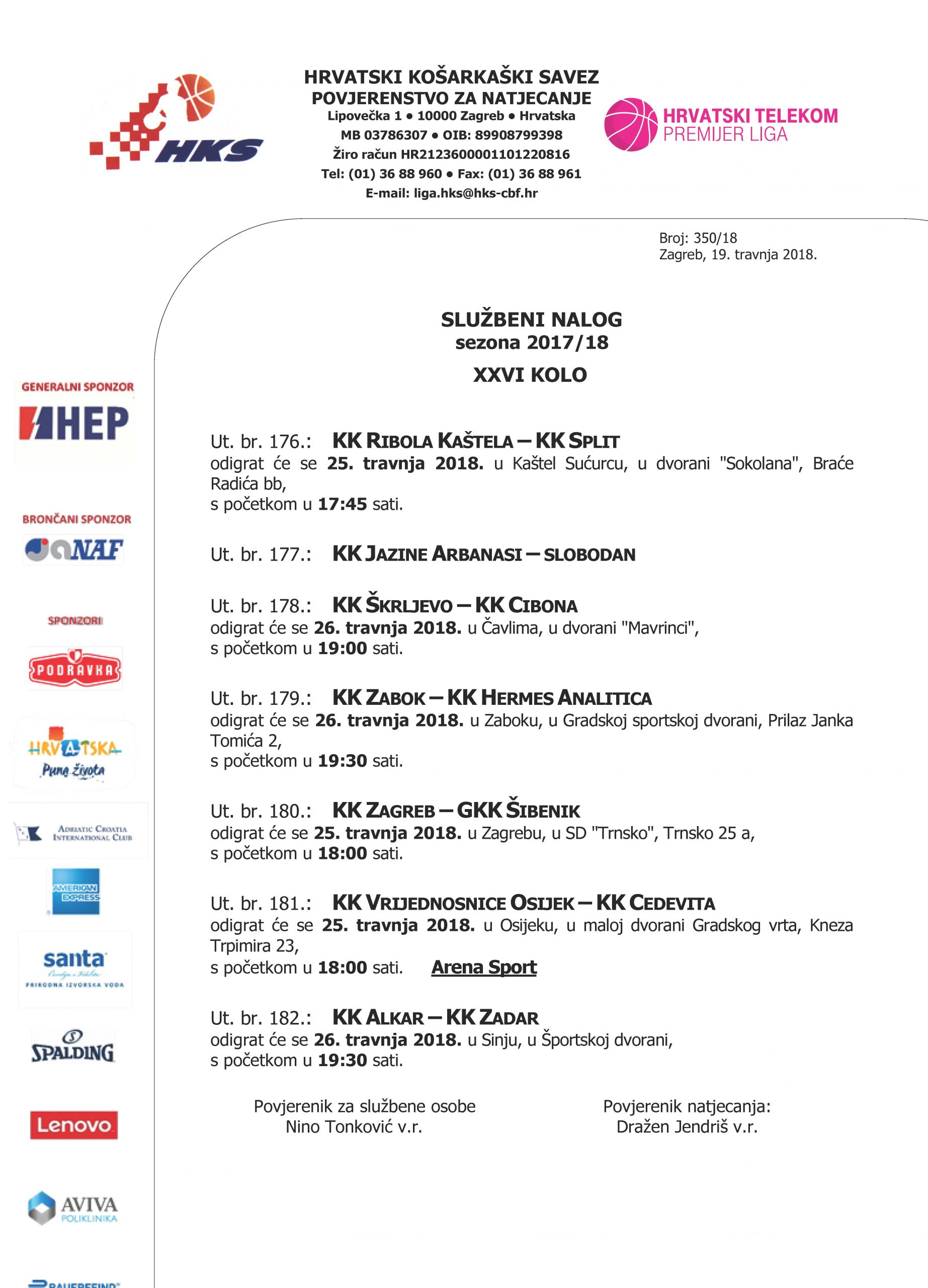 Raspored utakmica 26. kola Hrvatski Telekom Premijer lige u košarci